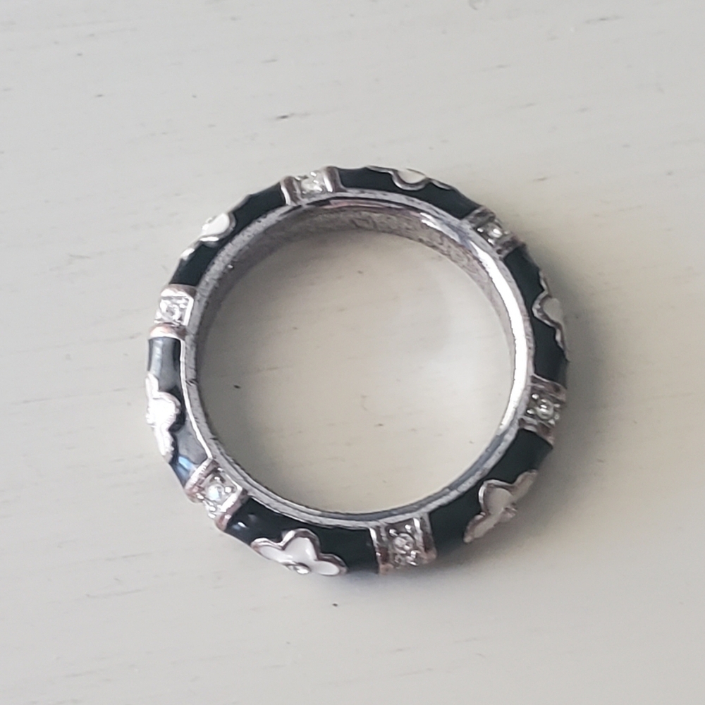 Vintage Black Enamel & Silver Ring With Daisies & CZ, size 7